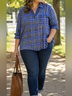 Penningtons Plus Size Blue White Plaid Button Down Long Sleeve Shirt Preppy Fall